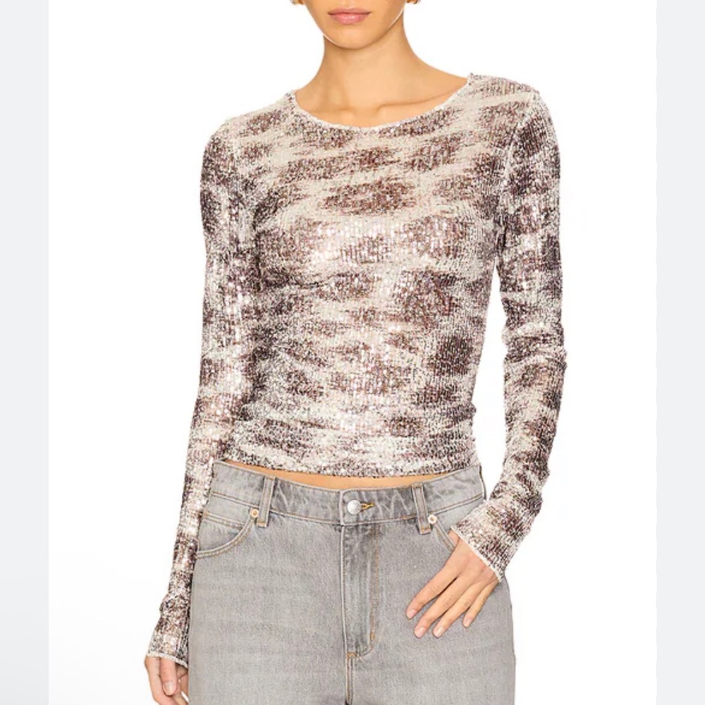 SMITH Sequin Long Sleeve Top - Cream and Brown